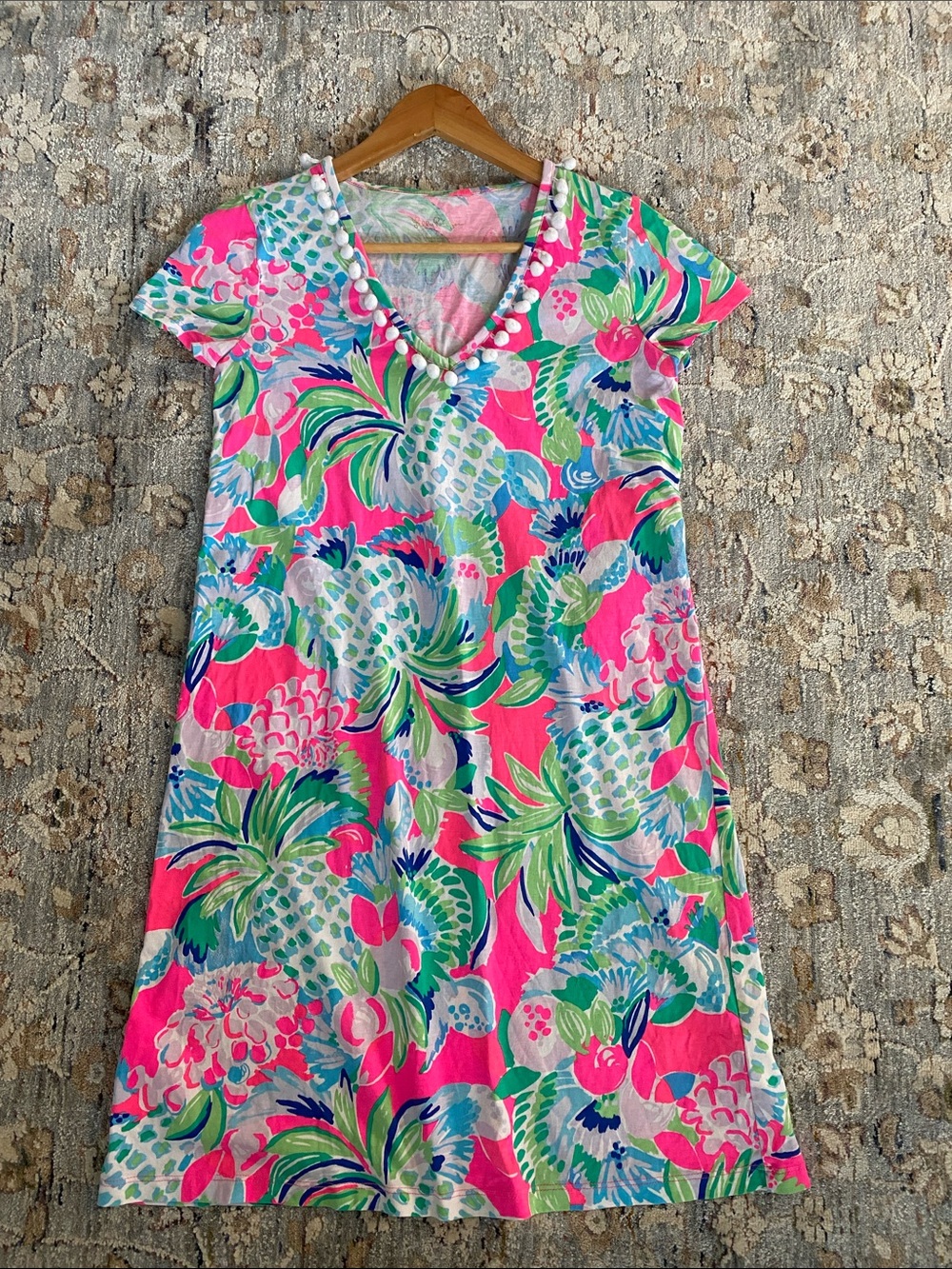 Lilly Pulitzer Neon Pink Tropical Print V-Neck Mini Dress Sz XS